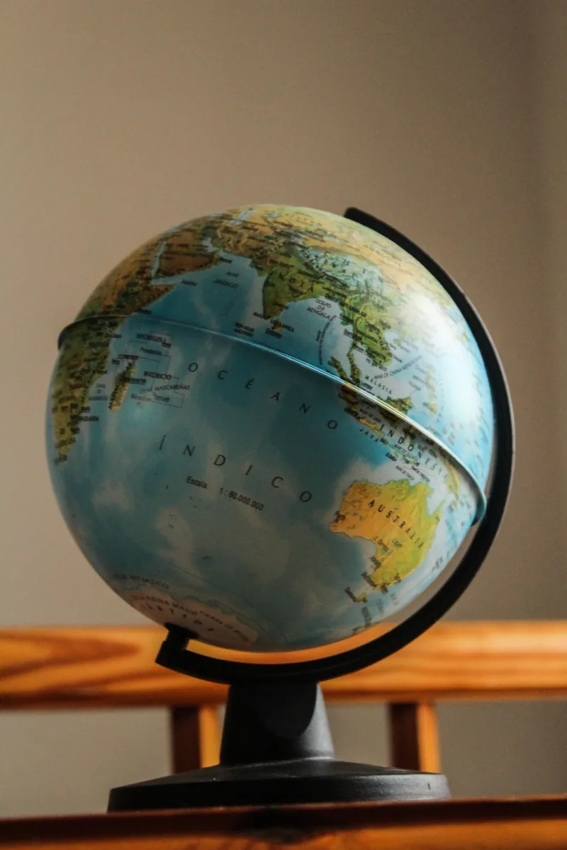 Close-up of a globe's Indian Ocean on a metal stand