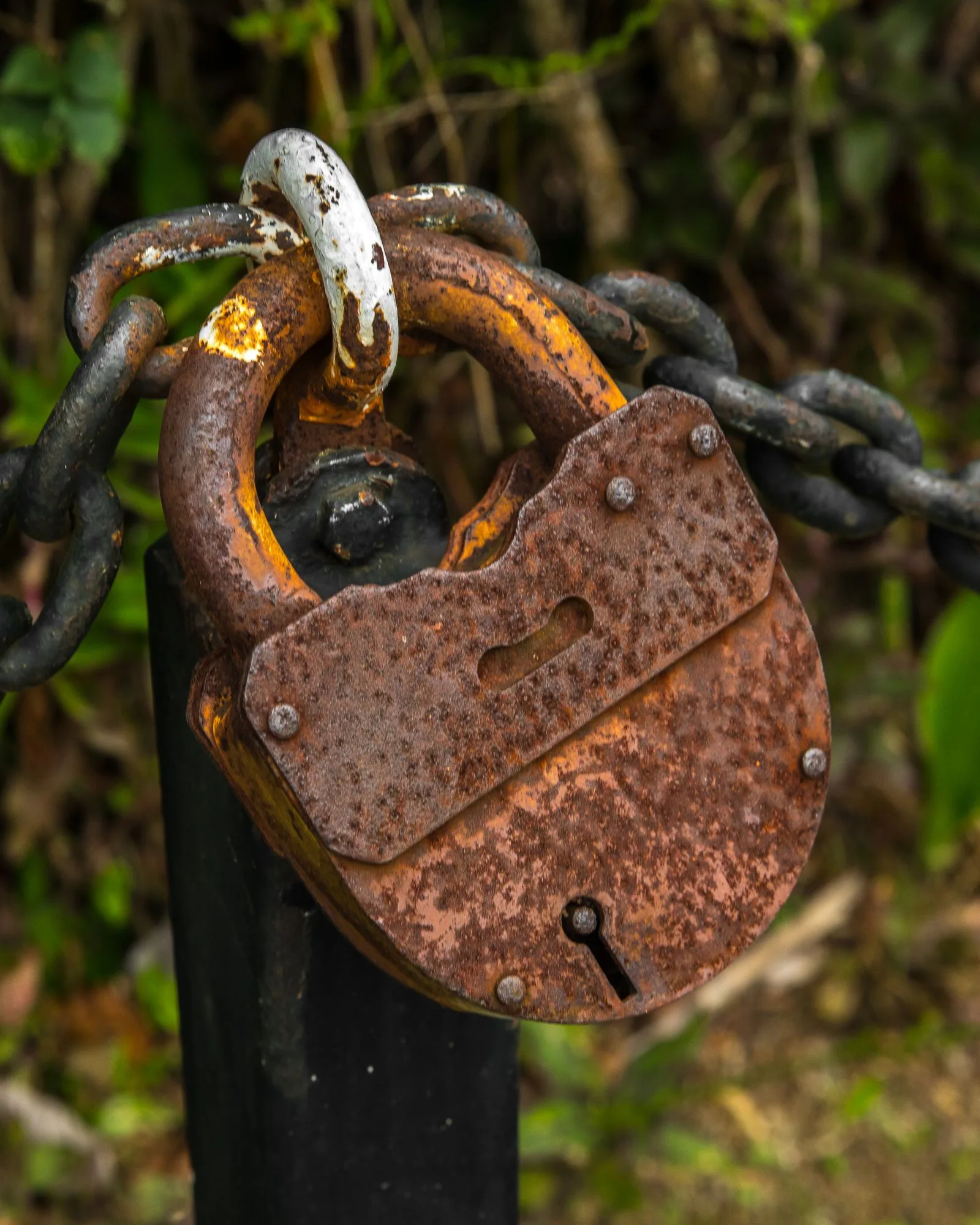 Rusty old padlock hanging on a chain; a padlock for the secure-payment and escrow checks on Chrono24